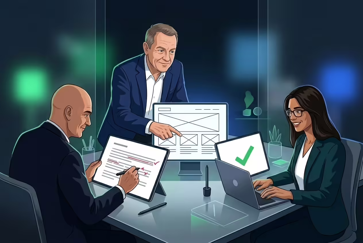 Ilustración de cómo funciona una web automática: Pau dirige y Endika y Marisol revisan, corrigen y publican cada texto
