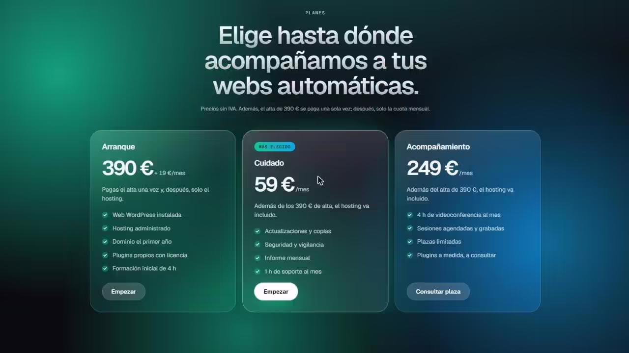 Planes de AutoWebz: Arranque, Cuidado y Acompañamiento con sus precios sin IVA