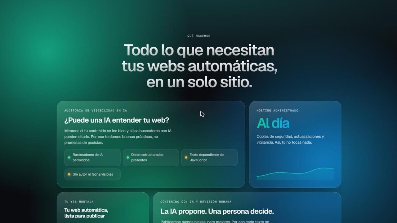 Ejemplo de web automática de AutoWebz, con tarjetas de cristal sobre fondo verde y azul
